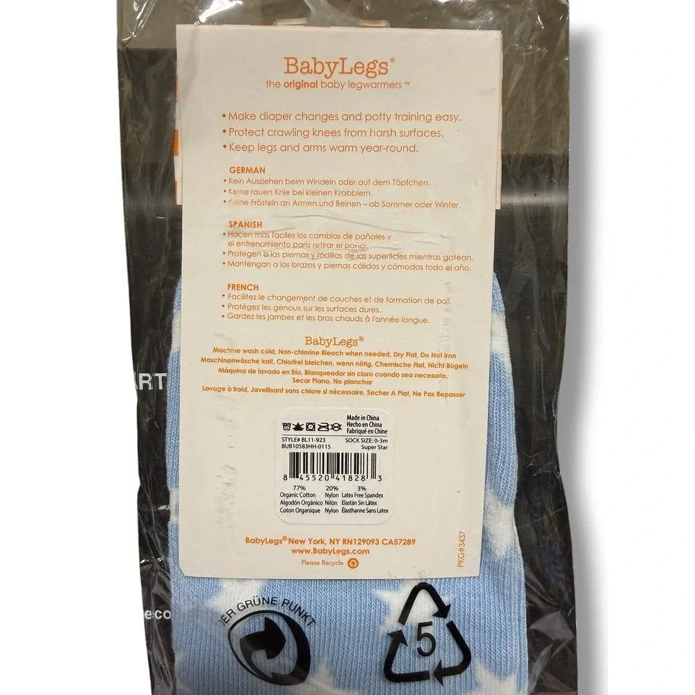 BabyLegs Newborn Organic Cotton Leg Warmers Blue White Stars Super Star 0-3 mo